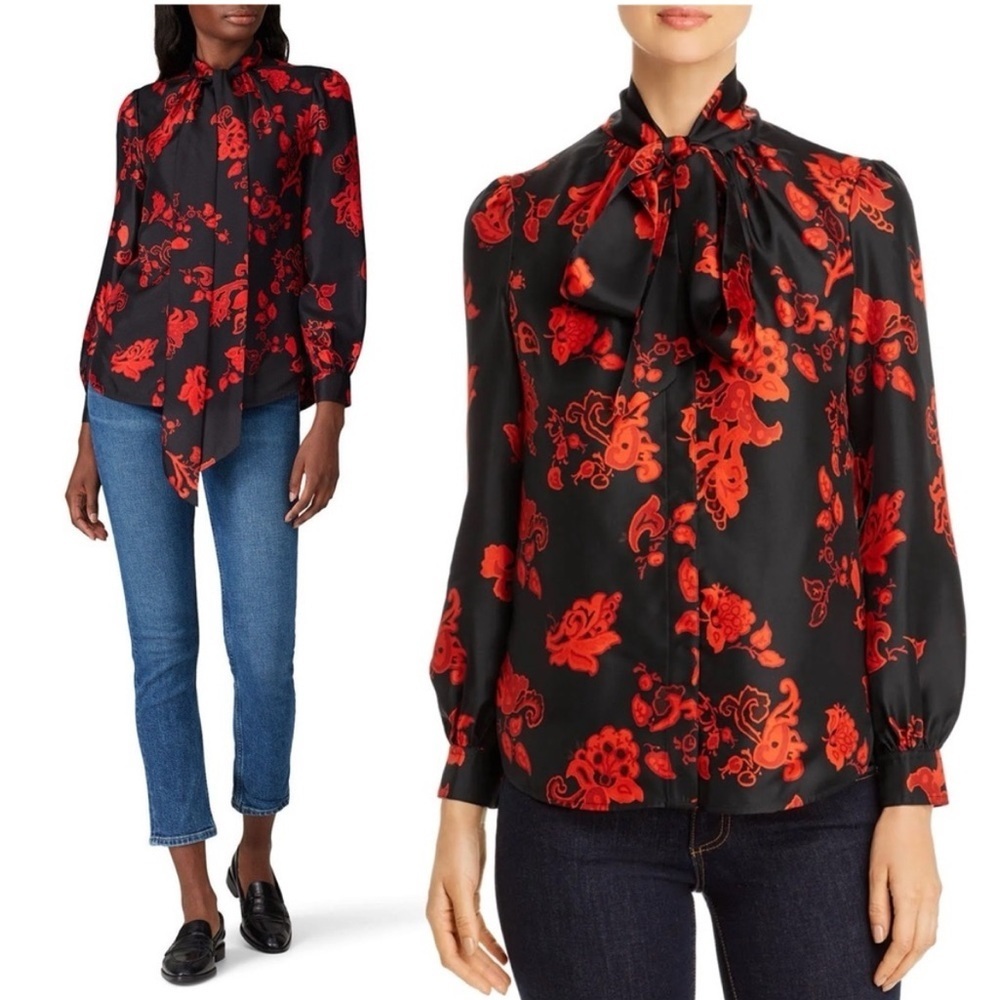 Tory Burch Paisley Silk Bow Blouse Button Down Long Sleeve Red Black Size 2